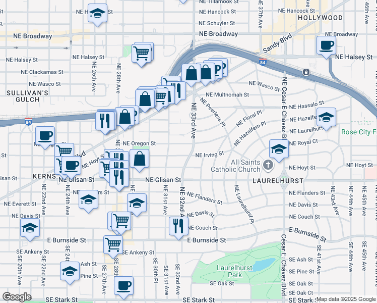 map of restaurants, bars, coffee shops, grocery stores, and more near 709 Northeast 32nd Avenue in Portland