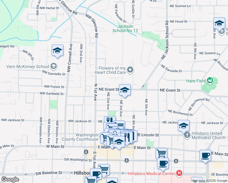 map of restaurants, bars, coffee shops, grocery stores, and more near 234 Northeast Grant Street in Hillsboro