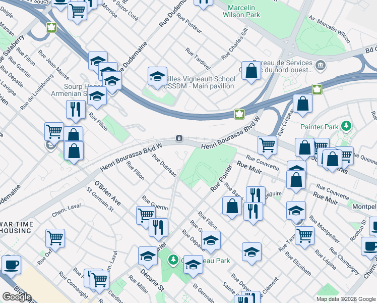 map of restaurants, bars, coffee shops, grocery stores, and more near 825 Croissant du Ruisseau in Montreal