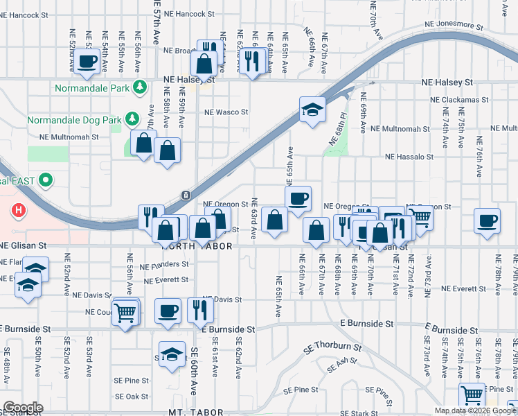 map of restaurants, bars, coffee shops, grocery stores, and more near 730 Northeast 63rd Avenue in Portland