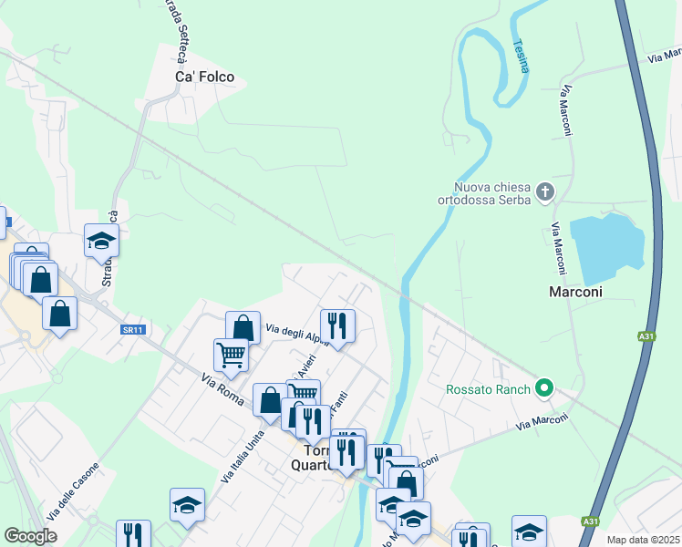 map of restaurants, bars, coffee shops, grocery stores, and more near 56 Via del Commercio in Torri di Quartesolo