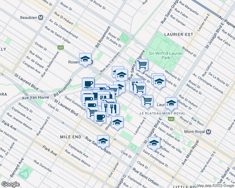 map of restaurants, bars, coffee shops, grocery stores, and more near 5405 Rue Drolet in Montreal