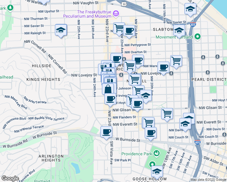 map of restaurants, bars, coffee shops, grocery stores, and more near 2266 Northwest Johnson Street in Portland