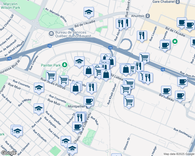 map of restaurants, bars, coffee shops, grocery stores, and more near 250 Boulevard Thompson in Montréal