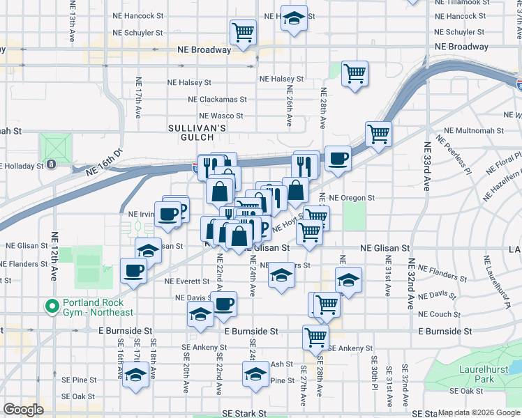 map of restaurants, bars, coffee shops, grocery stores, and more near 2421 Northeast Irving Street in Portland