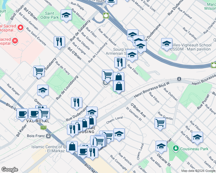 map of restaurants, bars, coffee shops, grocery stores, and more near 11740 Boulevard O'Brien in Montréal