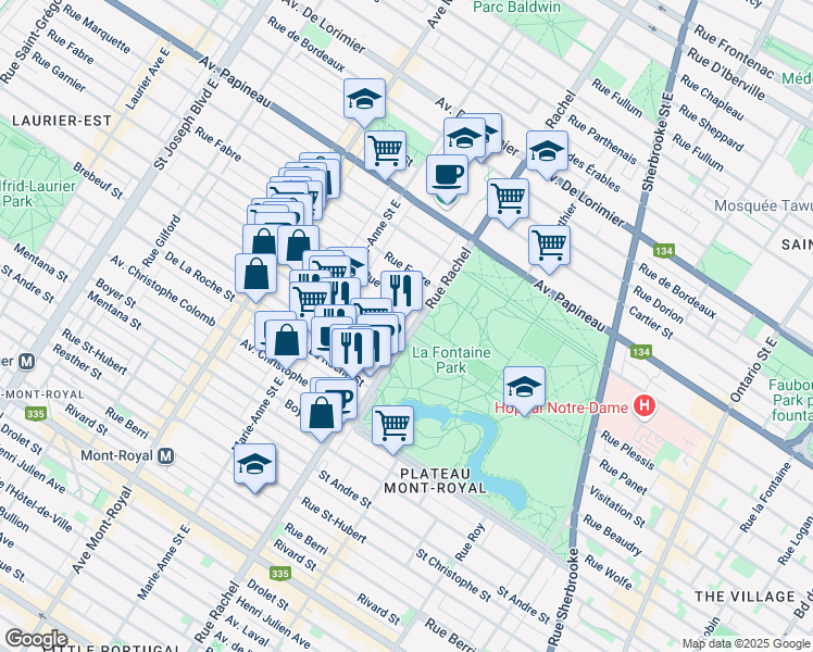 map of restaurants, bars, coffee shops, grocery stores, and more near 1359 Rue Rachel Est in Montréal