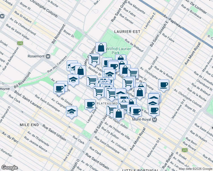 map of restaurants, bars, coffee shops, grocery stores, and more near 5118 Rue Berri in Montréal