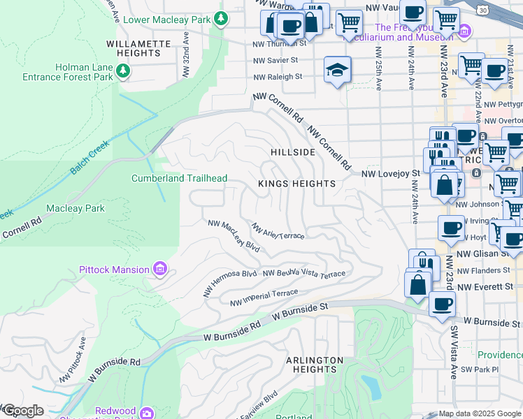 map of restaurants, bars, coffee shops, grocery stores, and more near 710 Northwest Winchester Terrace in Portland
