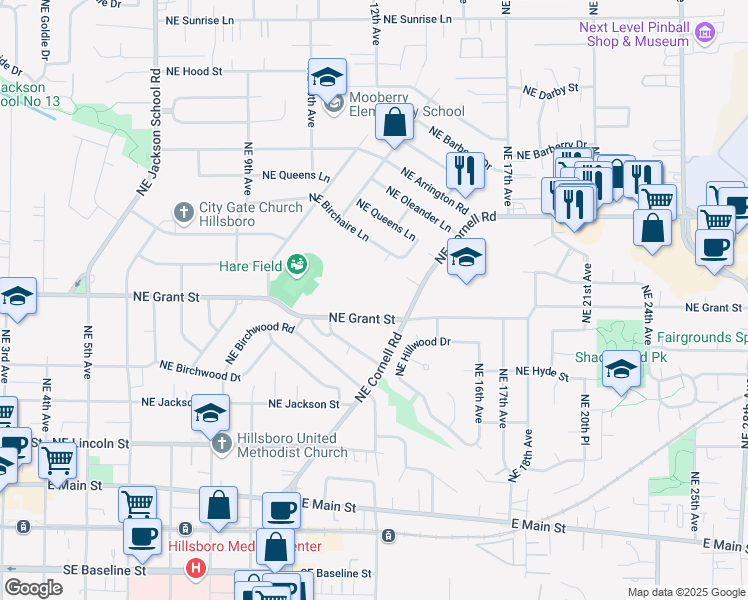 map of restaurants, bars, coffee shops, grocery stores, and more near 1275 Northeast Grant Street in Hillsboro