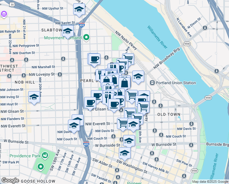 map of restaurants, bars, coffee shops, grocery stores, and more near 726 Northwest 11th Avenue in Portland