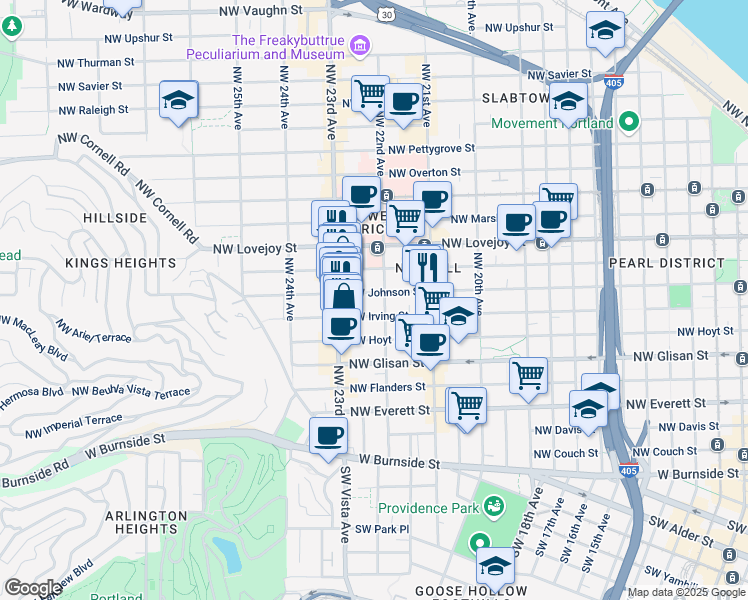 map of restaurants, bars, coffee shops, grocery stores, and more near 723 Northwest 22nd Avenue in Portland
