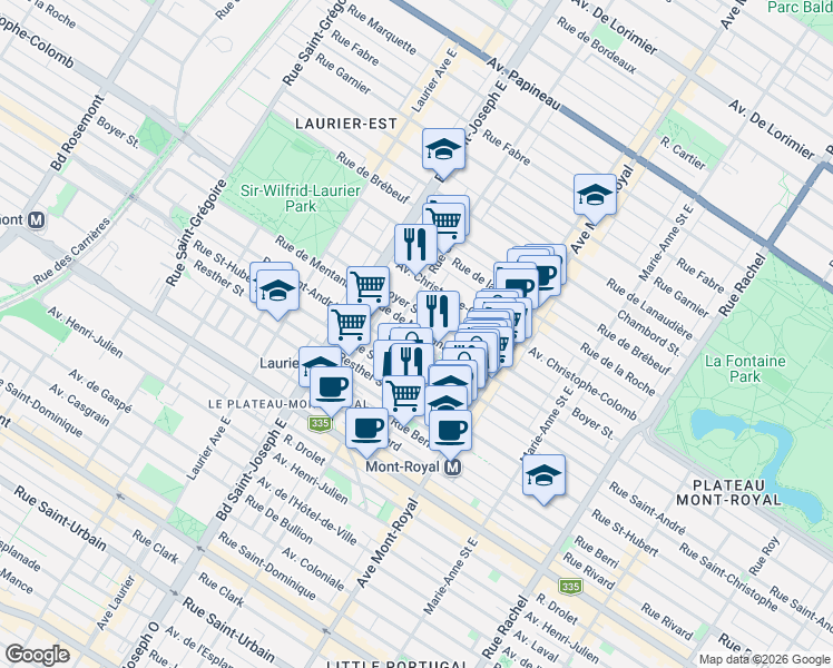map of restaurants, bars, coffee shops, grocery stores, and more near 4704 Rue de Mentana in Montréal