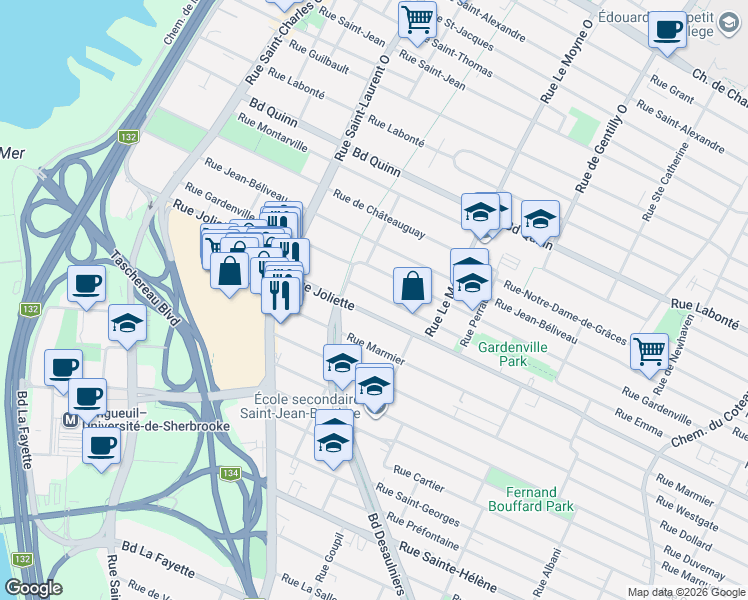 map of restaurants, bars, coffee shops, grocery stores, and more near 644 Rue d'Iberville in Longueuil
