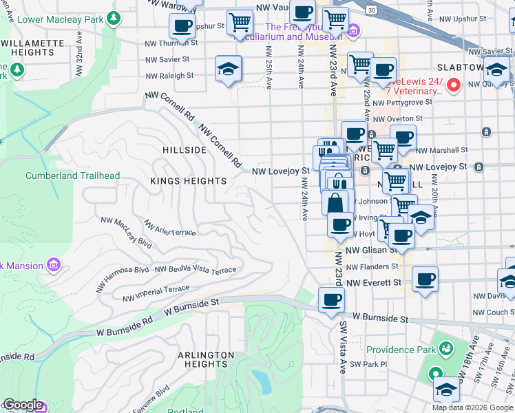 map of restaurants, bars, coffee shops, grocery stores, and more near 790 Northwest Westover Terrace in Portland