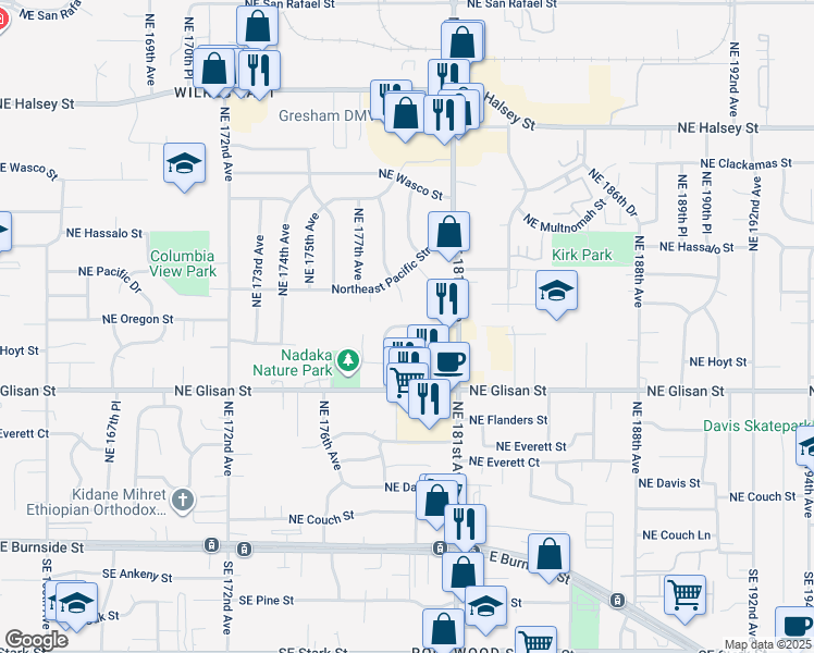 map of restaurants, bars, coffee shops, grocery stores, and more near 17851 Northeast Oregon Street in Portland