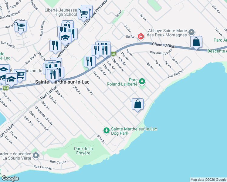 map of restaurants, bars, coffee shops, grocery stores, and more near 57 17e Avenue in Sainte-Marthe-sur-le-Lac