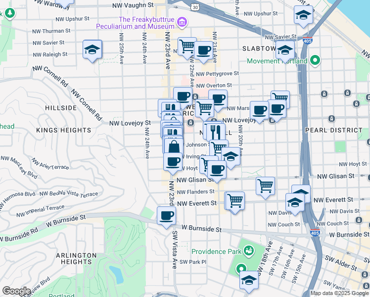 map of restaurants, bars, coffee shops, grocery stores, and more near 2234 Northwest Johnson Street in Portland