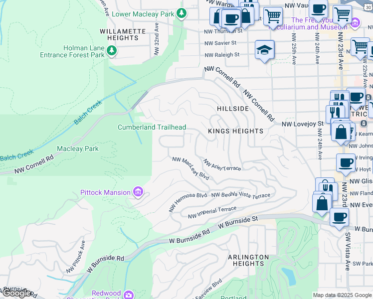 map of restaurants, bars, coffee shops, grocery stores, and more near 800 Northwest Powhatan Terrace in Portland