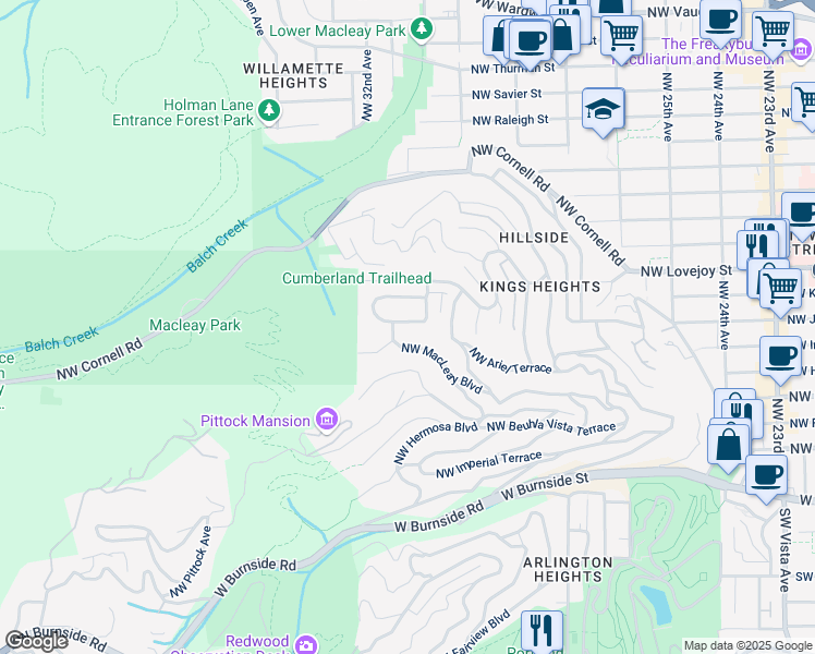 map of restaurants, bars, coffee shops, grocery stores, and more near 758 Northwest Powhatan Terrace in Portland