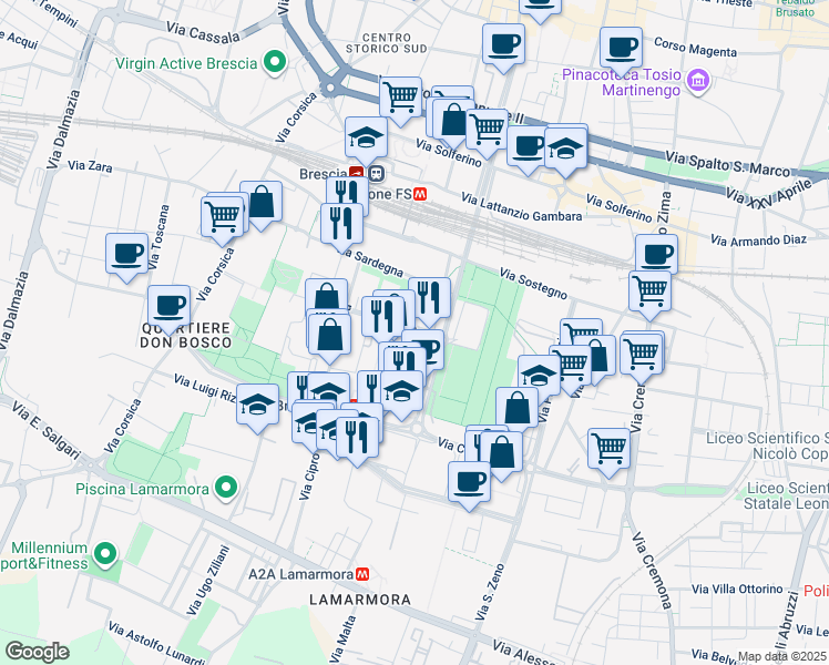 map of restaurants, bars, coffee shops, grocery stores, and more near 76 Via Creta in Brescia