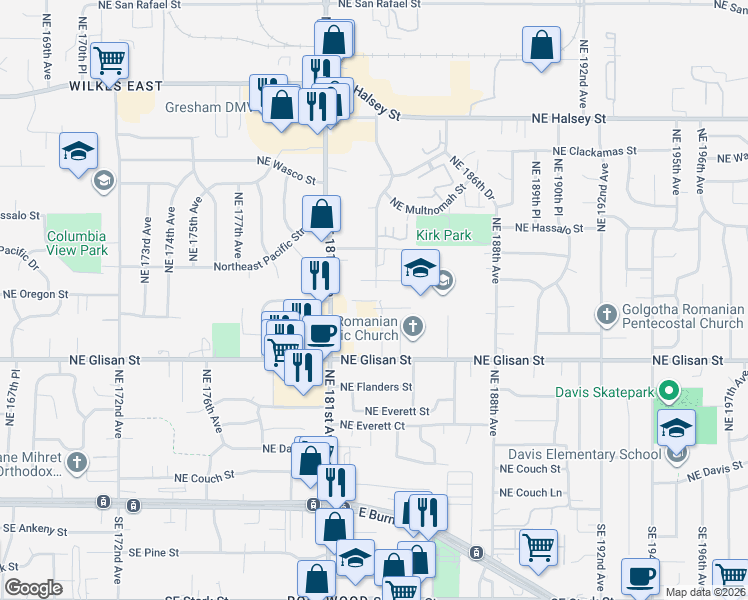 map of restaurants, bars, coffee shops, grocery stores, and more near 700-WI Northeast 183rd Avenue in Portland