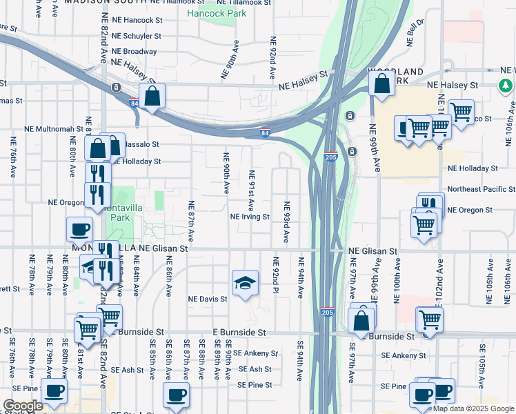 map of restaurants, bars, coffee shops, grocery stores, and more near 9117 Northeast Irving Street in Portland