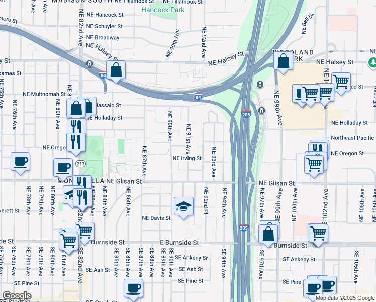 map of restaurants, bars, coffee shops, grocery stores, and more near 9117 Northeast Irving Street in Portland