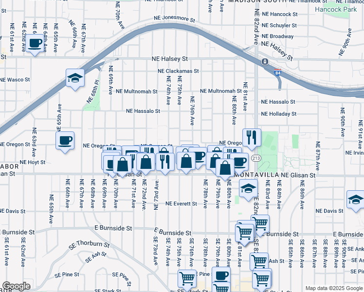 map of restaurants, bars, coffee shops, grocery stores, and more near 7432 Northeast Oregon Street in Portland