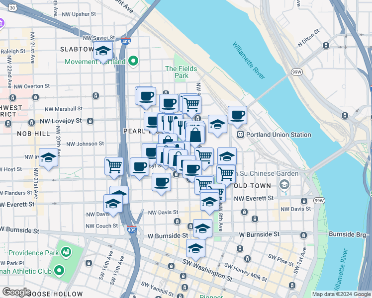 map of restaurants, bars, coffee shops, grocery stores, and more near in Portland