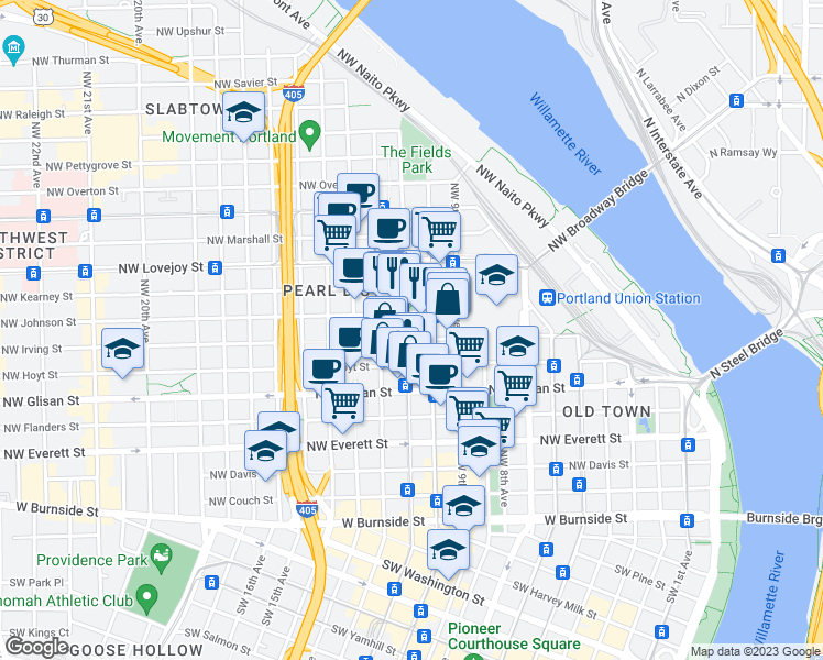 map of restaurants, bars, coffee shops, grocery stores, and more near in Portland