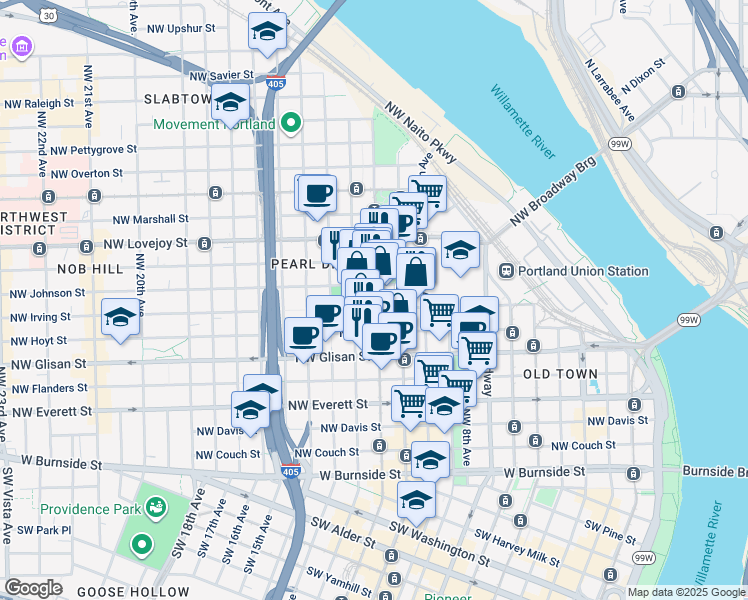 map of restaurants, bars, coffee shops, grocery stores, and more near in Portland