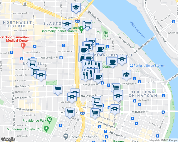 map of restaurants, bars, coffee shops, grocery stores, and more near 710 Northwest 14th Avenue in Portland