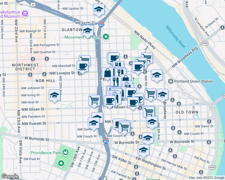 map of restaurants, bars, coffee shops, grocery stores, and more near 710 Northwest 14th Avenue in Portland