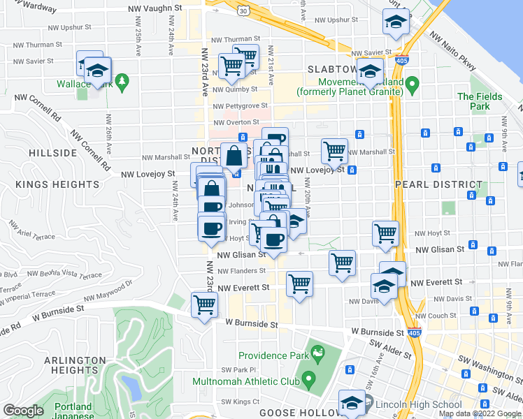 map of restaurants, bars, coffee shops, grocery stores, and more near 2147 Northwest Irving Street in Portland