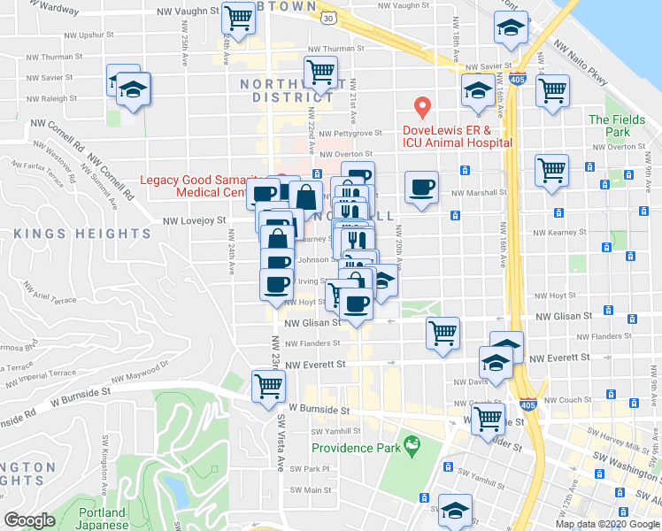 map of restaurants, bars, coffee shops, grocery stores, and more near 2147 Northwest Irving Street in Portland