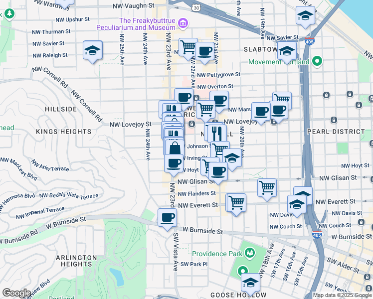 map of restaurants, bars, coffee shops, grocery stores, and more near 723 Northwest 22nd Avenue in Portland