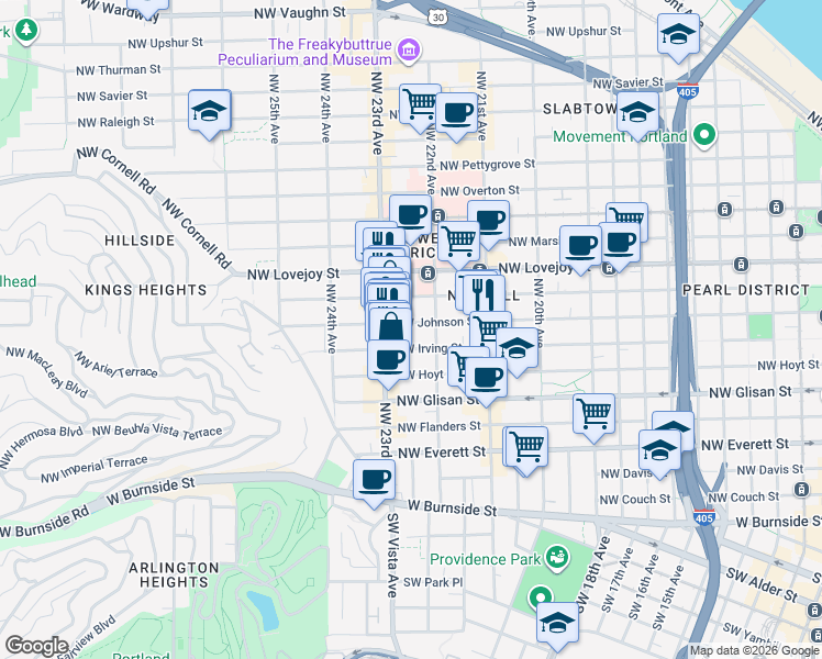 map of restaurants, bars, coffee shops, grocery stores, and more near 723 Northwest 22nd Avenue in Portland
