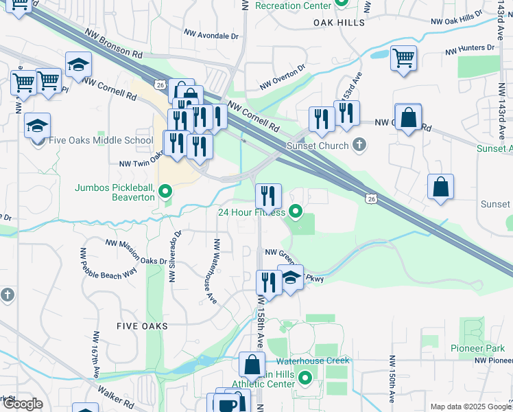 map of restaurants, bars, coffee shops, grocery stores, and more near 1220 Northwest Waterhouse Avenue in Beaverton
