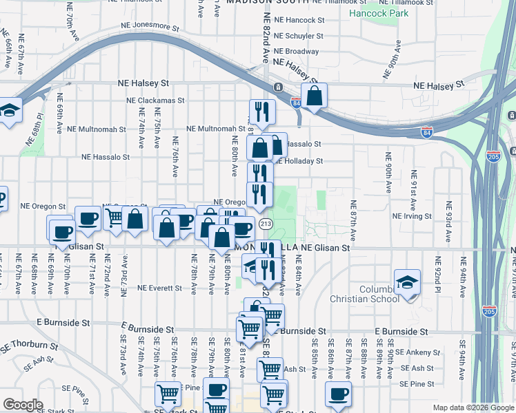 map of restaurants, bars, coffee shops, grocery stores, and more near 8130 Northeast Oregon Street in Portland