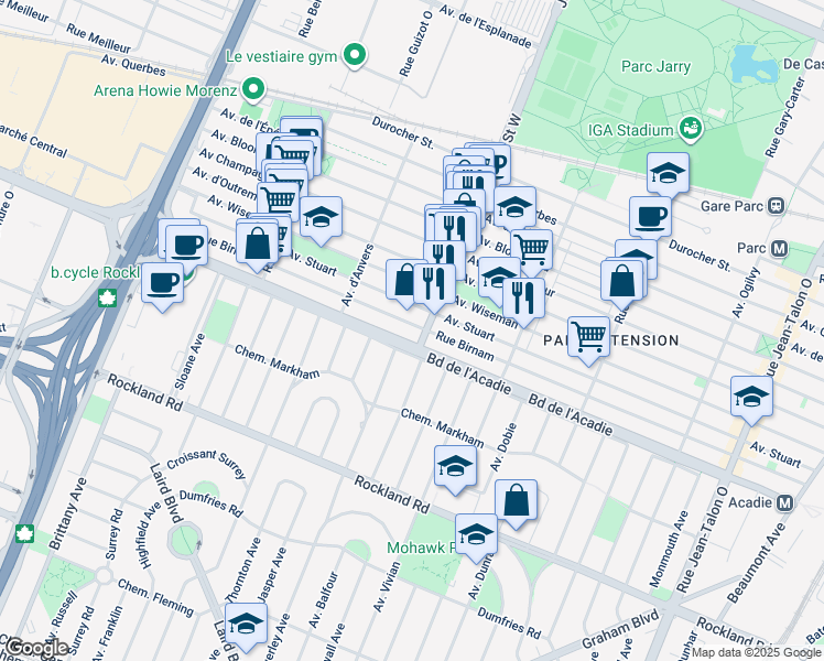 map of restaurants, bars, coffee shops, grocery stores, and more near 8120 Rue Birnam in Montréal