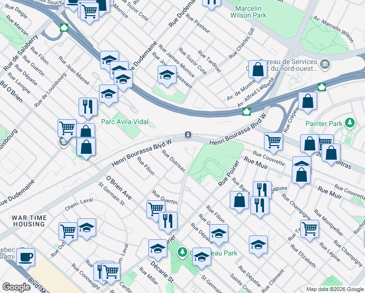 map of restaurants, bars, coffee shops, grocery stores, and more near 925 Croissant du Ruisseau in Montreal