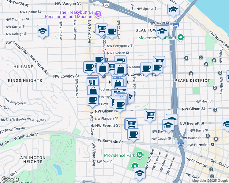 map of restaurants, bars, coffee shops, grocery stores, and more near 2136 Northwest Johnson Street in Portland