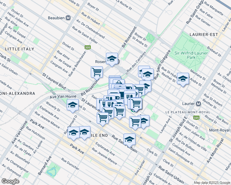 map of restaurants, bars, coffee shops, grocery stores, and more near in Montreal