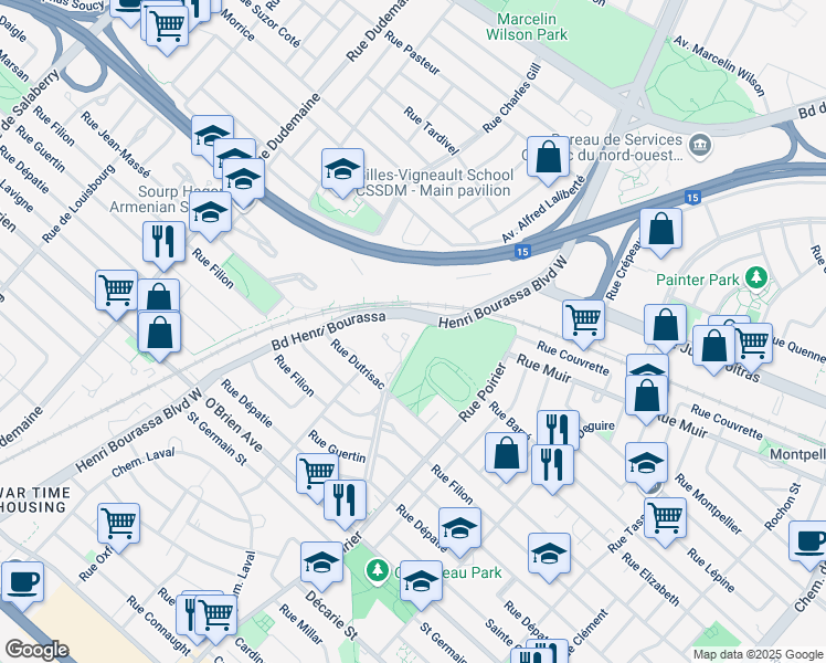 map of restaurants, bars, coffee shops, grocery stores, and more near 825 Croissant du Ruisseau in Montreal