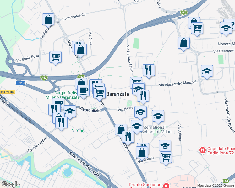 map of restaurants, bars, coffee shops, grocery stores, and more near in Baranzate