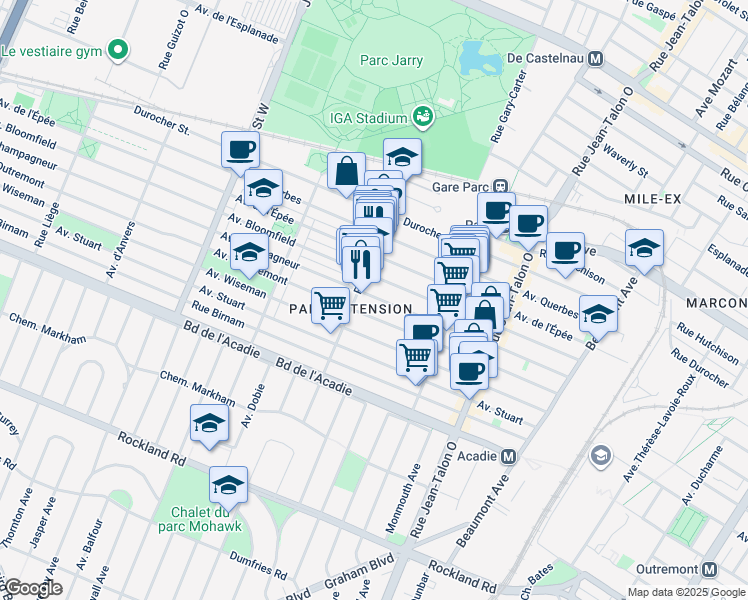map of restaurants, bars, coffee shops, grocery stores, and more near 7586 Champagneur Avenue in Montreal