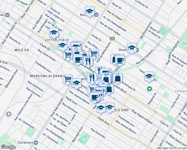 map of restaurants, bars, coffee shops, grocery stores, and more near in Montréal