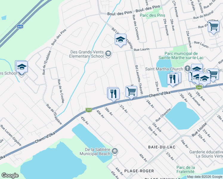 map of restaurants, bars, coffee shops, grocery stores, and more near 215 Rue François in Sainte-Marthe-sur-le-Lac