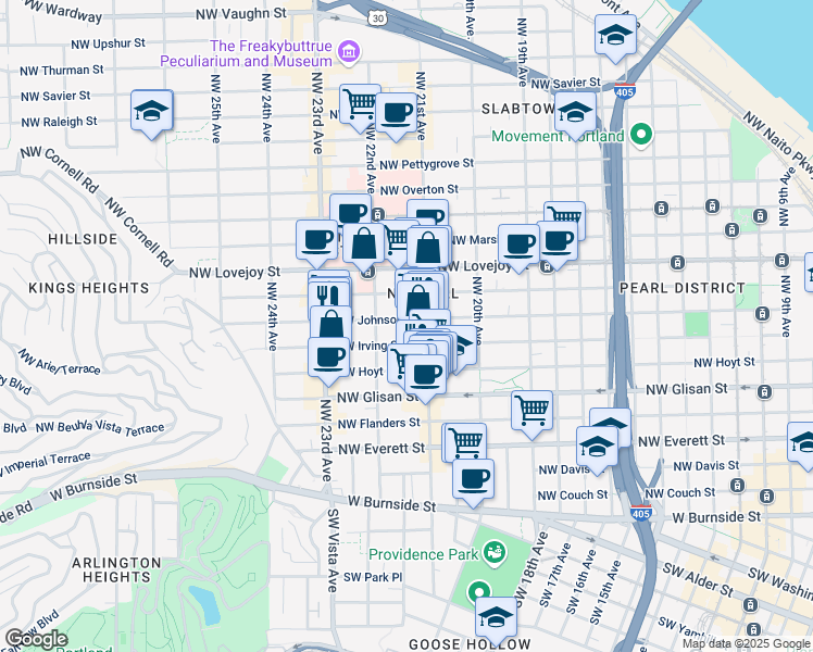 map of restaurants, bars, coffee shops, grocery stores, and more near 2147 Northwest Irving Street in Portland